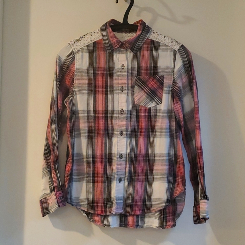 Mudd embroidered pink and white button down shirt, Size 12 - Picture 2 of 4